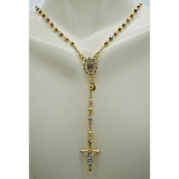 10k Solid Yellow Gold Colored Beads Rosary Virgin Mary Jesus Cross Necklace 17" - Picture 1 of 5
